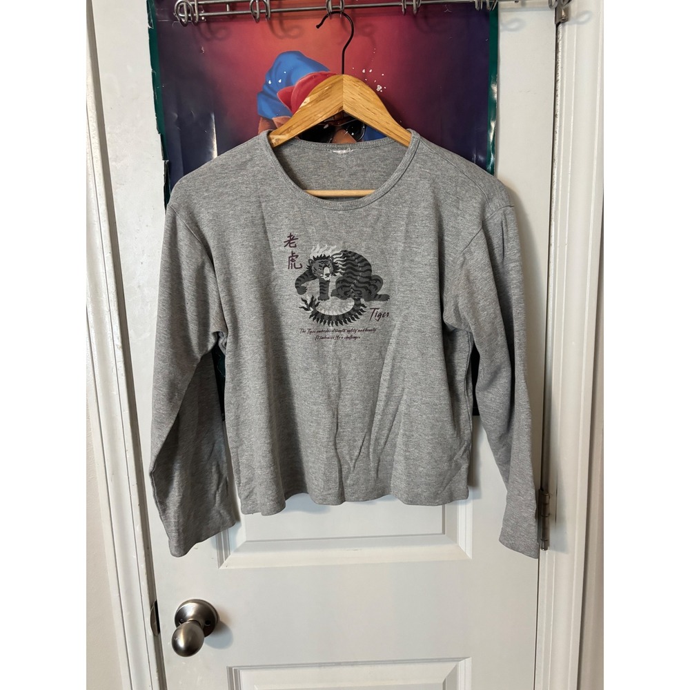 Vintage y2kTiger Graphic Long Sleeve Tee Gray Crew Neck Streetwear Top